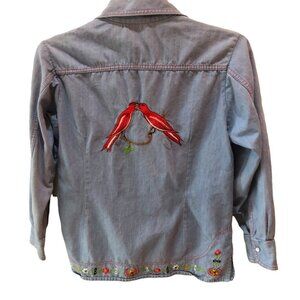 Blanquita Womens Medium?? / 38 Red Birds Embroidered Pearl Snap Denim Shirt 70s